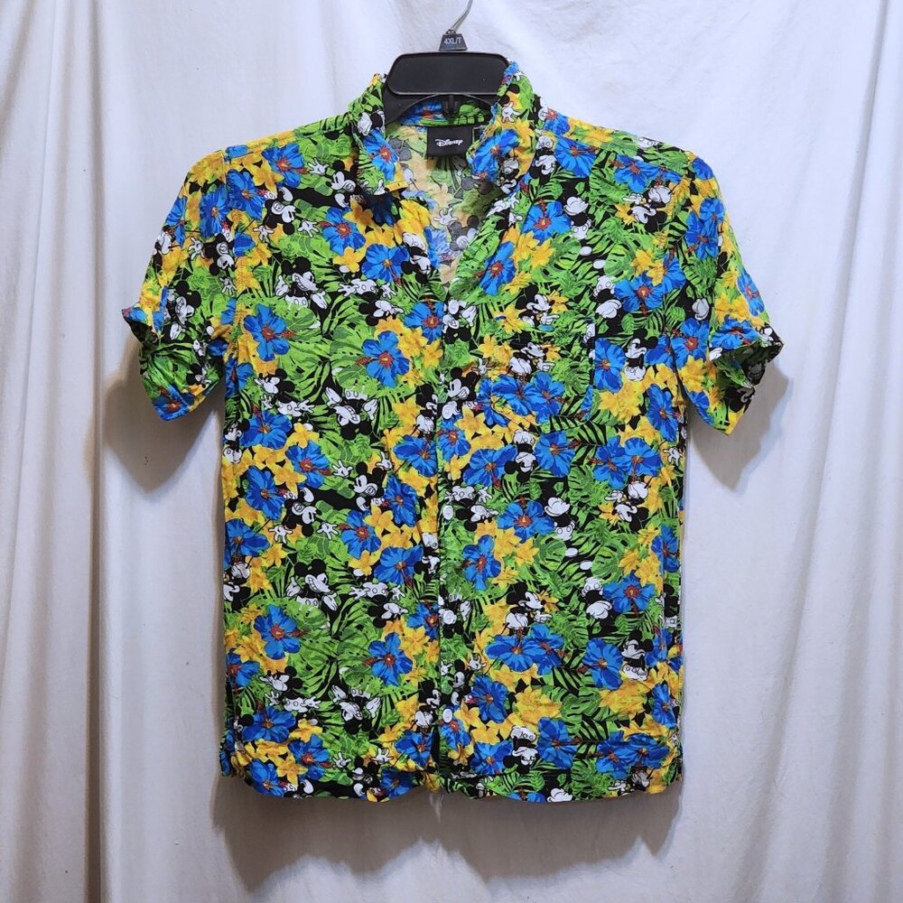 Disney Mickey Mouse Multicolor Floral Hawaiian Shirt Mens‎ S Small Button Front